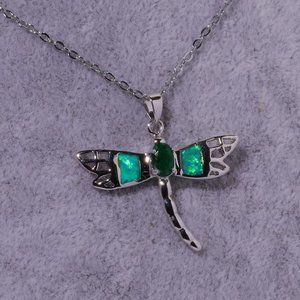 New - Dragonfly Green Fire Opal and Green Quartz Silver Necklace